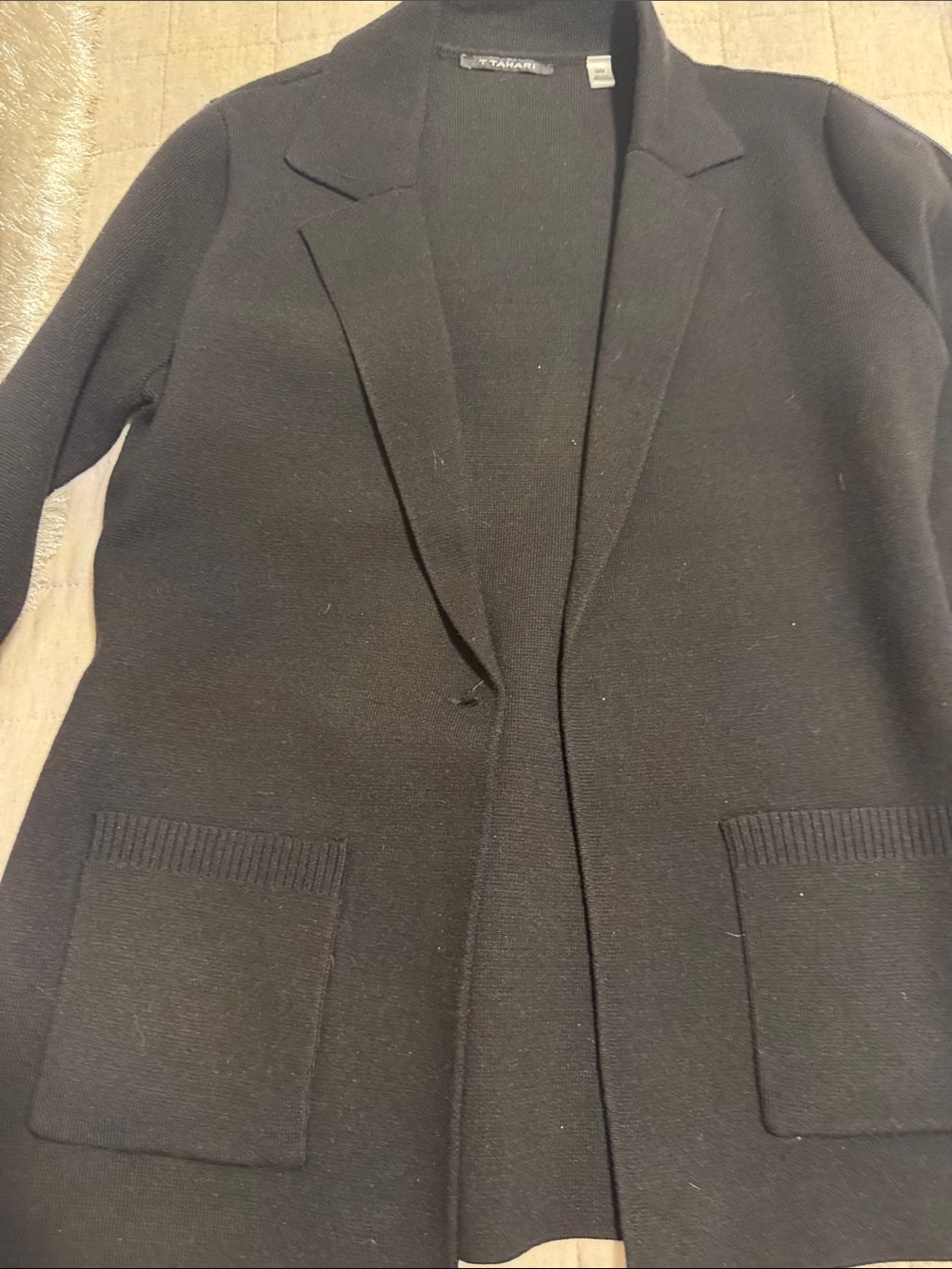 Tahari Black Open-Front Knit Blazer with Patch Pockets